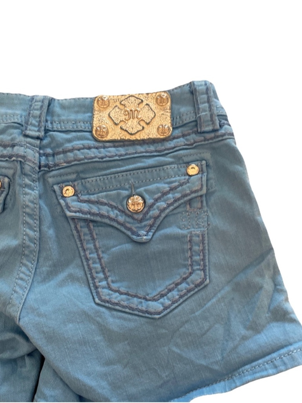 Miss Me Jeans Shorts 27, JS5014H53 Washed Sky Blue Low Rise Studded Crystals Y2K - Picture 12 of 13